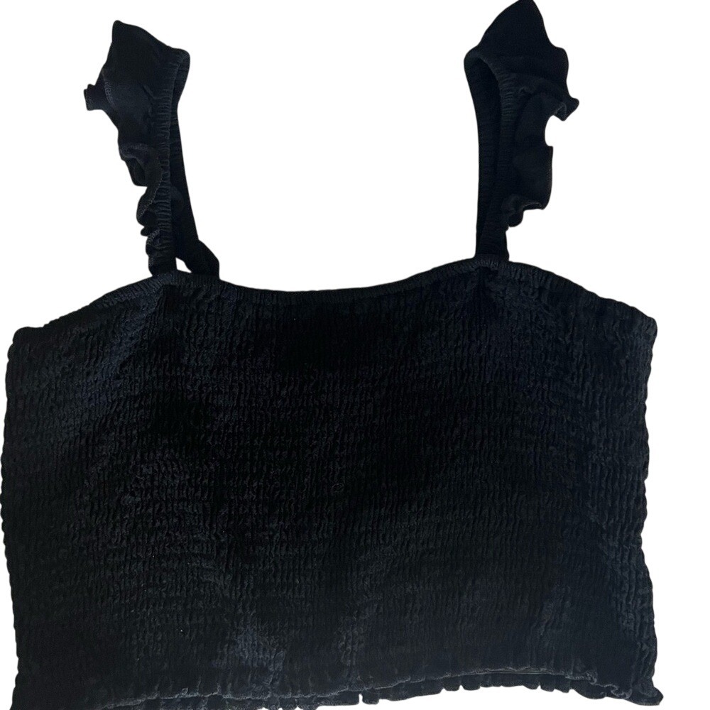Anrabess Ladies Large Elegant Black Ruffle Strap Stretch‎ Crop Top